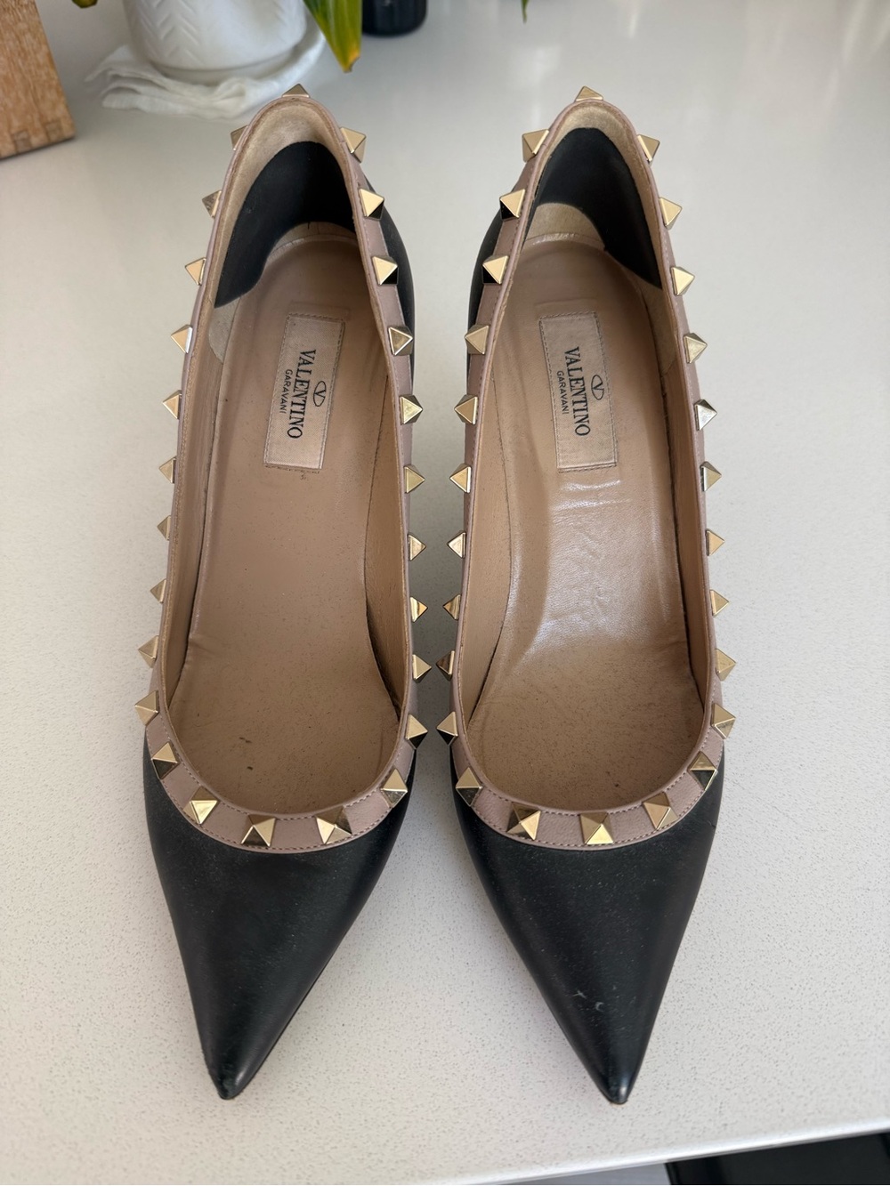Valentino Black Leather Pointed Rockstud Flats with Nude Trim